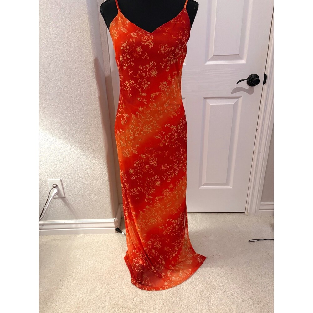 Vintage Y2K 90s Elegant Summer Vacation Orange Floral Maxi Dress - Eye-Candy M